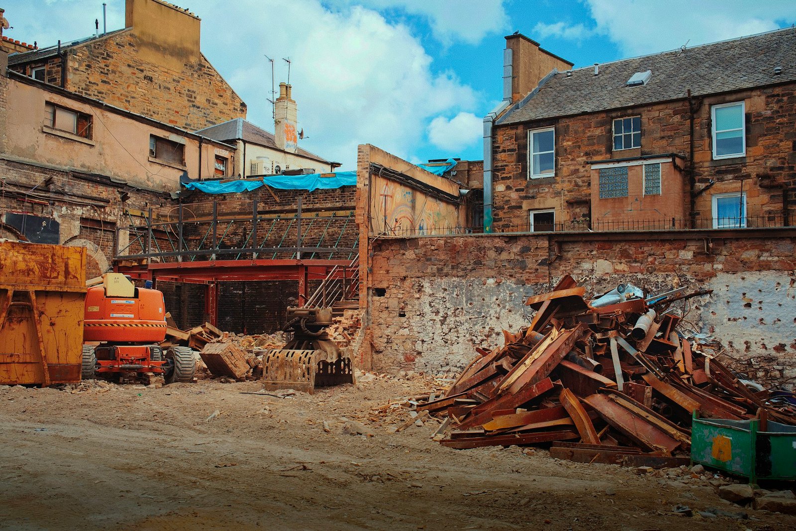 Construction site with debris ready for removal